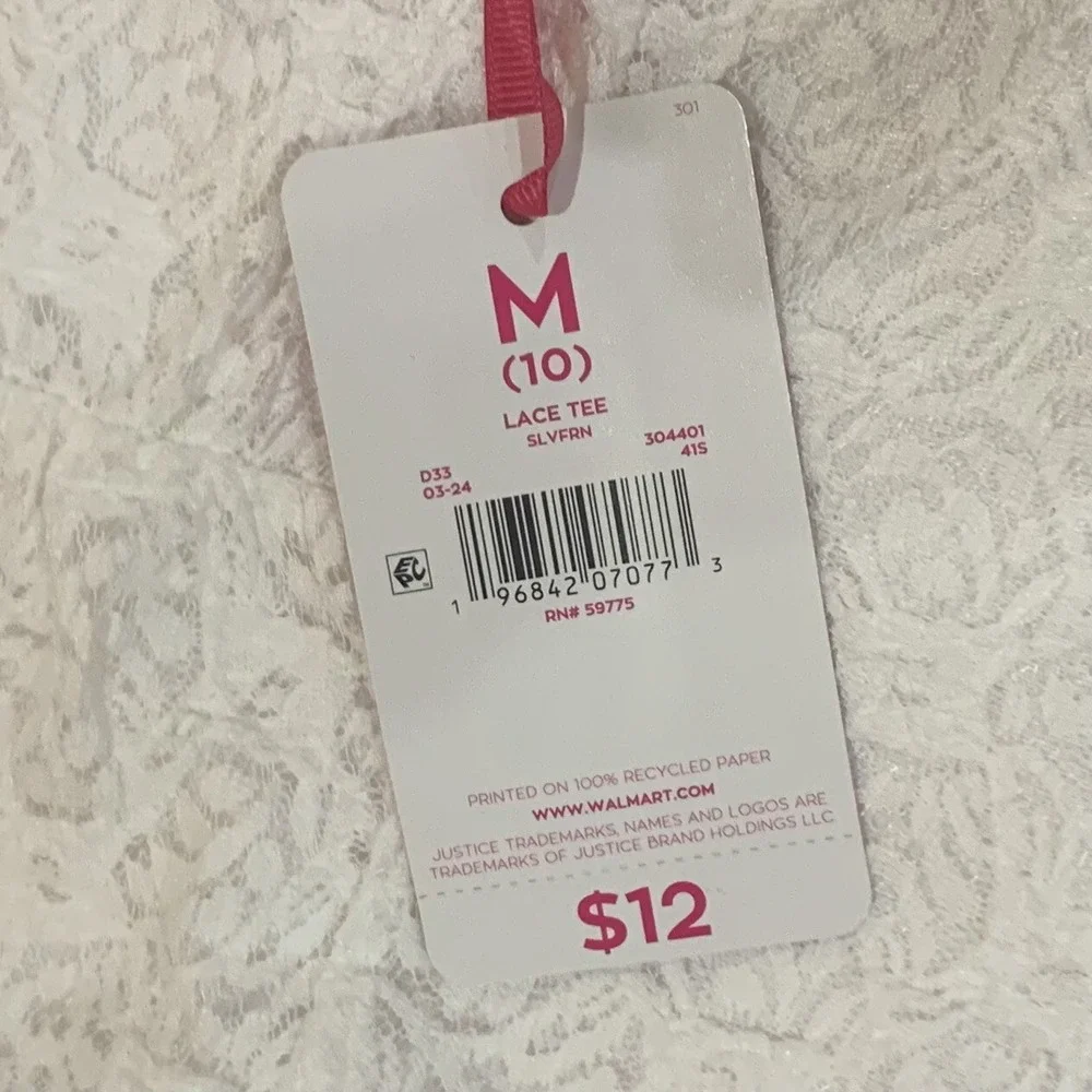Justice Girls Lace Tee Medium 10 New with Tags Silver Fern Empire Seam Cinched
